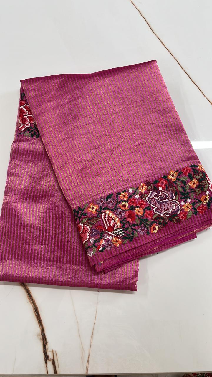 WhatsApp Image 2026-01-28 at 10.55.10 AM (5) Kora Tissue Saree in Magenta with Gold Stripe Weave & Floral Border - Image 1