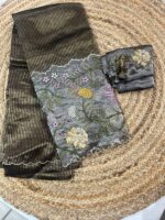 Charcoal Grey Pure Kora Tissue Saree with Metallic Stripes & Floral Embroidered Pallu