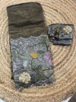 Charcoal Grey Pure Kora Tissue Saree with Metallic Stripes & Floral Embroidered Pallu - Image 2