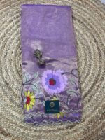 Lavender Pure Tissue Saree with Hand-Painted Floral Motifs & Scalloped Border - Image 3