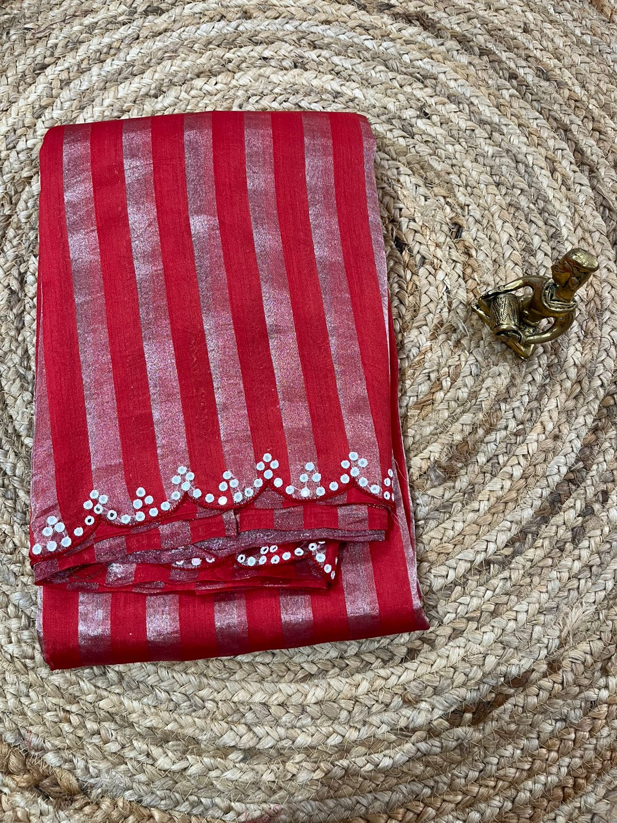 WhatsApp Image 2026-01-28 at 12.04.24 PM (1) Crimson Red Tissue Saree with Mirror Work Border & Subtle Metallic Stripes - Image 1