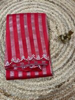 Crimson Red Tissue Saree with Mirror Work Border & Subtle Metallic Stripes - Image 2