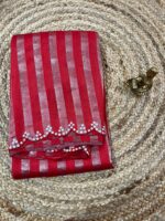 Crimson Red Tissue Saree with Mirror Work Border & Subtle Metallic Stripes - Image 3