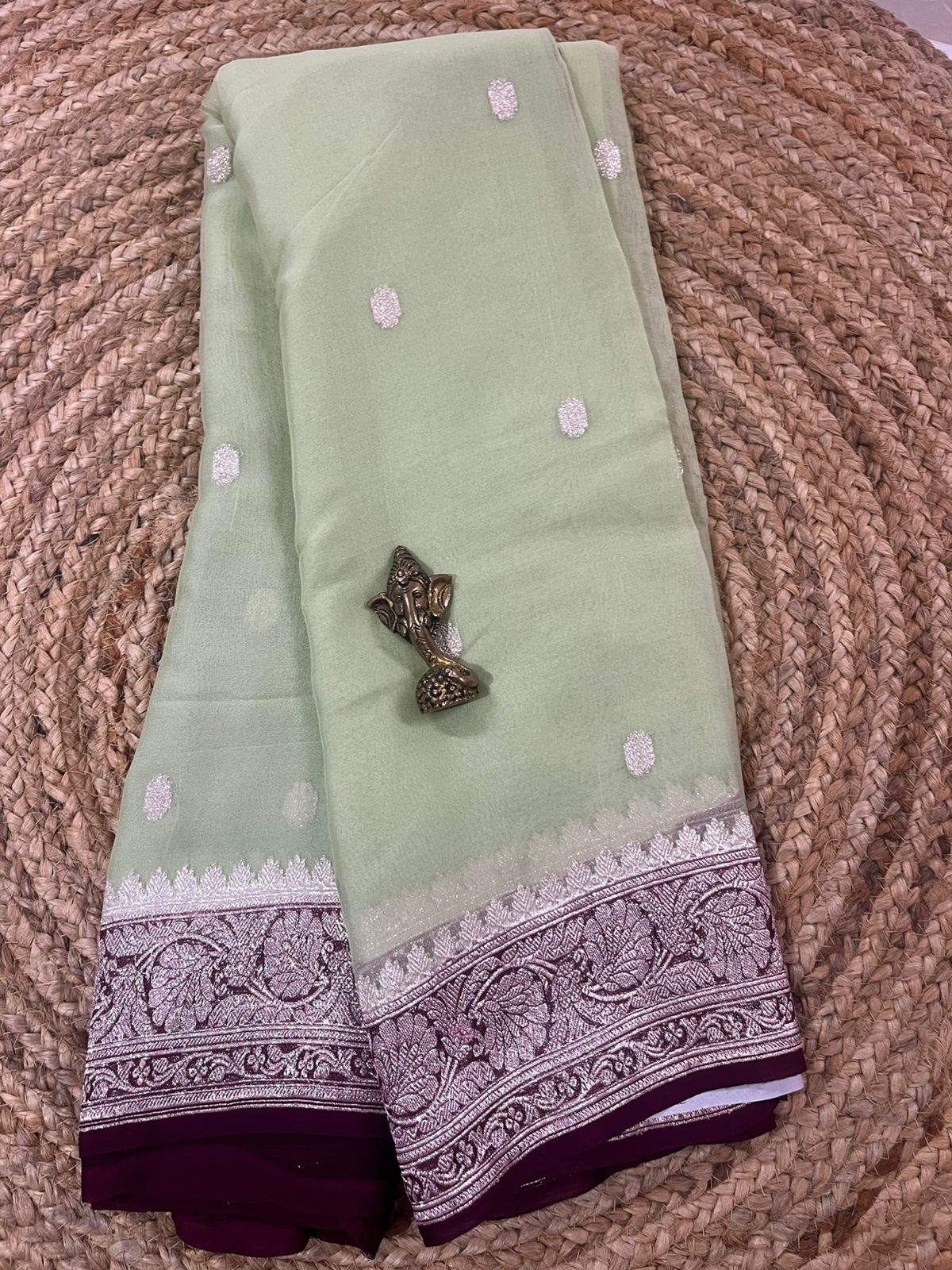 WhatsApp Image 2026-01-28 at 12.08.57 PM (2) Mint Green Pure Khaddi Chiffon Saree with Silver Zari Border - Image 1