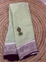 Mint Green Pure Khaddi Chiffon Saree with Silver Zari Border - Image 2