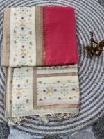 Silk Cotton Saree in Ivory & Rose Pink with Ikat-Inspired Motifs
