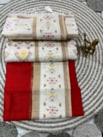 Silk Cotton Saree in Red & Ivory with Traditional Ikat Motifs - Image 3