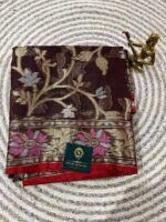 Wine & Gold Floral Semi Tissue Saree with Zari Border