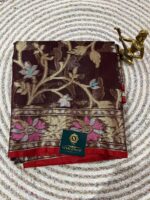 Wine & Gold Floral Semi Tissue Saree with Zari Border - Image 2