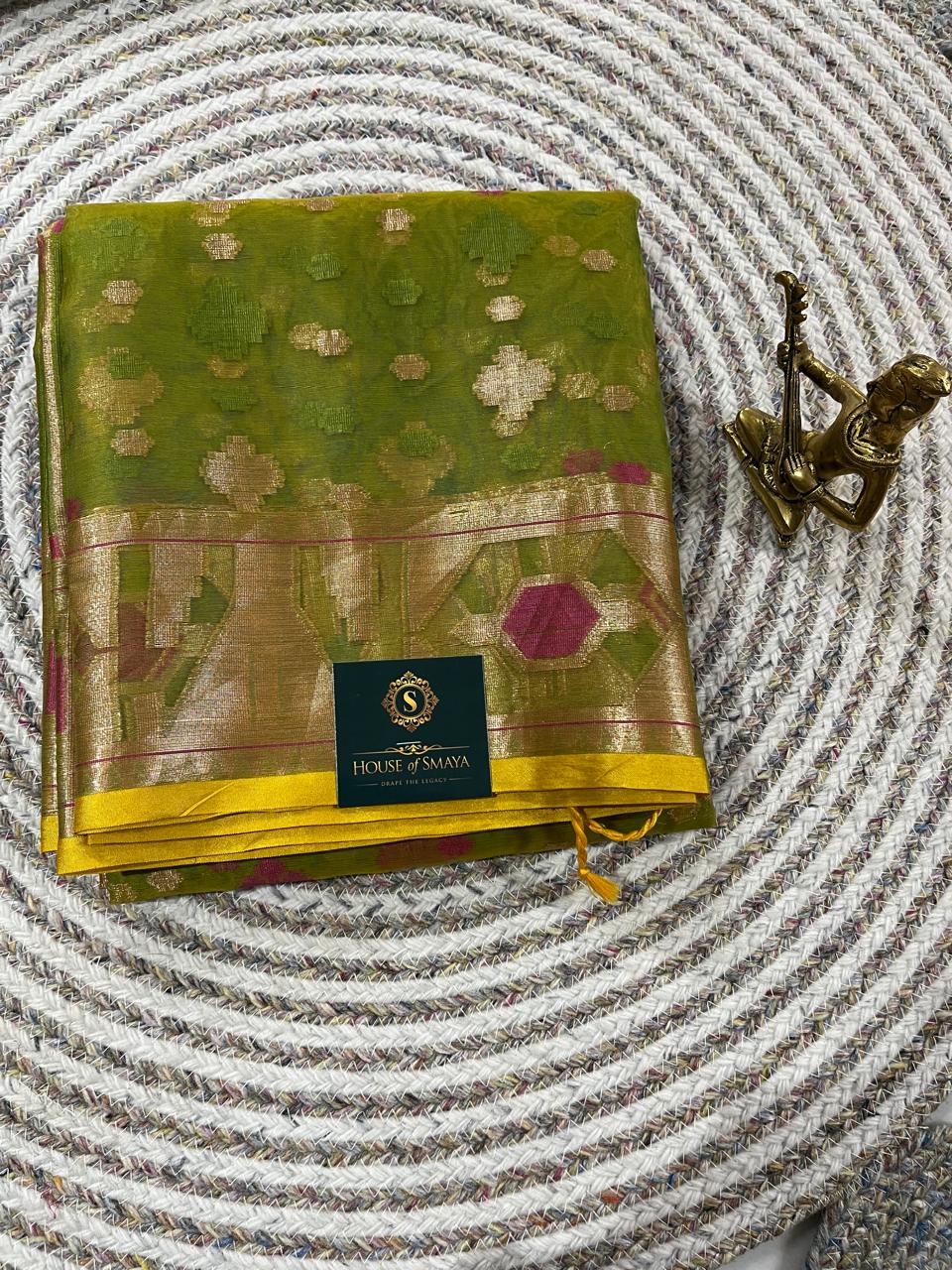 WhatsApp Image 2026-01-30 at 4.01.52 PM (4) Olive Green Semi Tissue Saree with Gold Zari Motifs & Contrast Border - Image 1