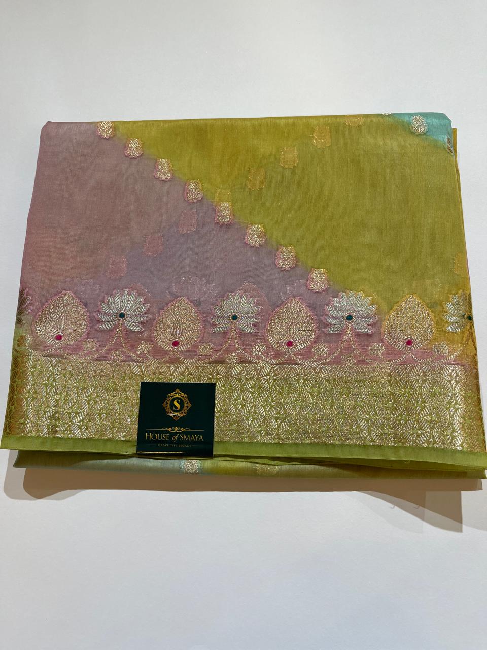 WhatsApp Image 2026-01-30 at 4.58.18 PM Olive Green & Blush Pink Organza Tissue Saree with Zari Floral Border - Image 1