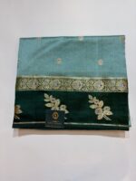 Raw Mango Silk Saree in Teal Green with Antique Gold Zari Border - Image 2