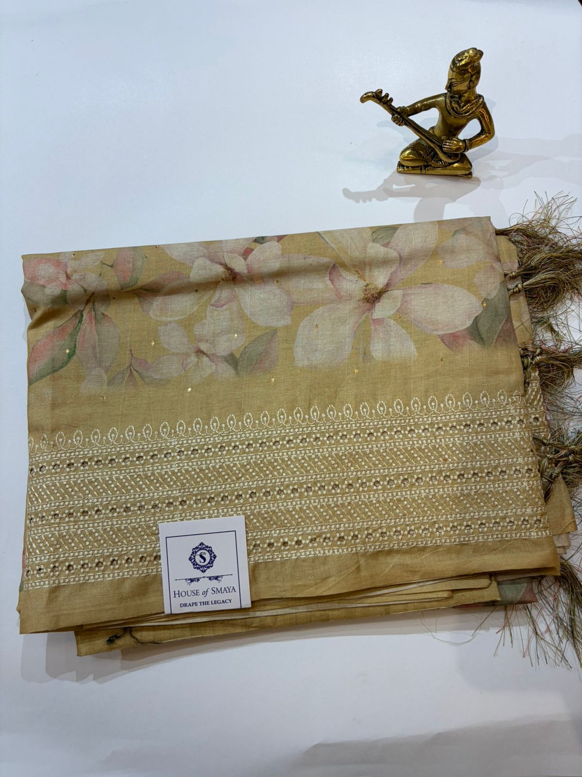 WhatsApp Image 2026-01-31 at 6.32.51 PM (1) Olive Gold Floral Printed Tussar Saree with Embroidered Border - Image 1