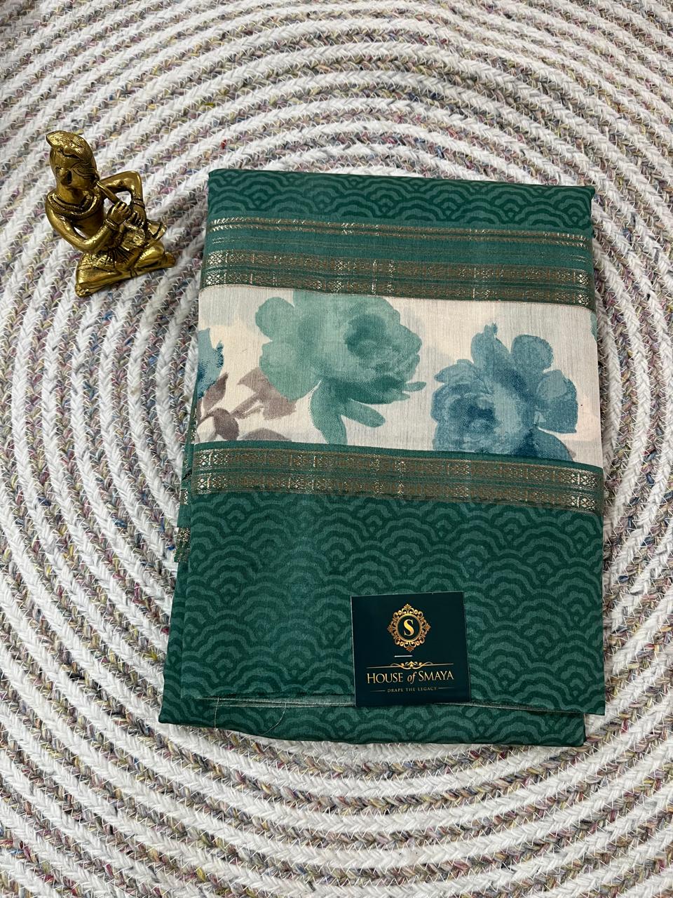 WhatsApp Image 2026-01-31 at 6.34.36 PM Emerald Green Floral Printed Viscose Saree with Woven Border - Image 1