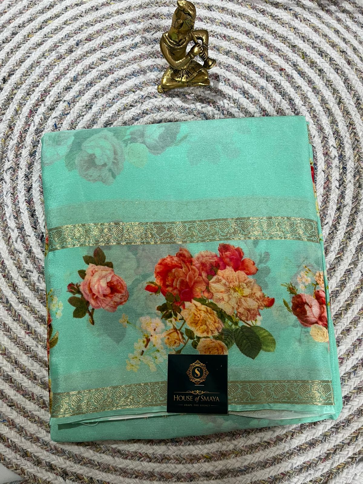 WhatsApp Image 2026-01-31 at 6.39.41 PM Mint Green Floral Printed Chiffon Saree with Gold Woven Border - Image 1