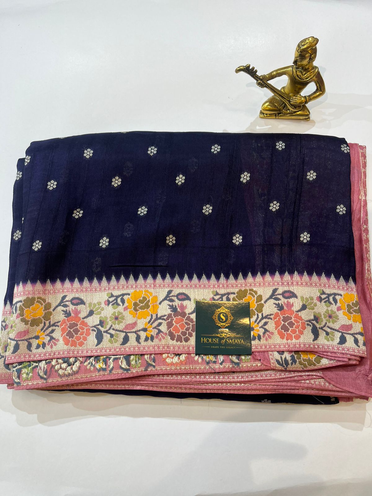 WhatsApp Image 2026-01-31 at 6.50.15 PM Midnight Blue Tussar Georgette Saree with Floral Woven Border - Image 1