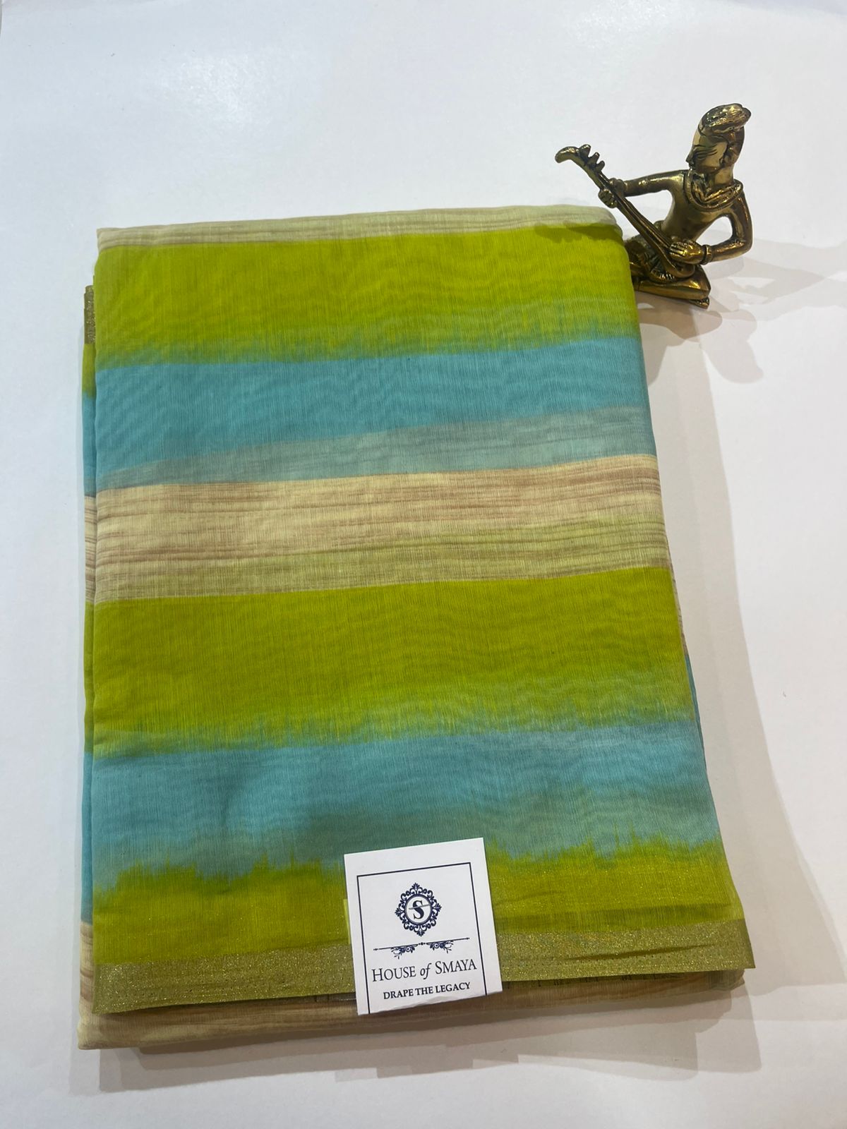 WhatsApp Image 2026-01-31 at 8.37.15 PM (1) Lime Green & Aqua Striped Chanderi Cotton Saree with Subtle Gold Border - Image 1