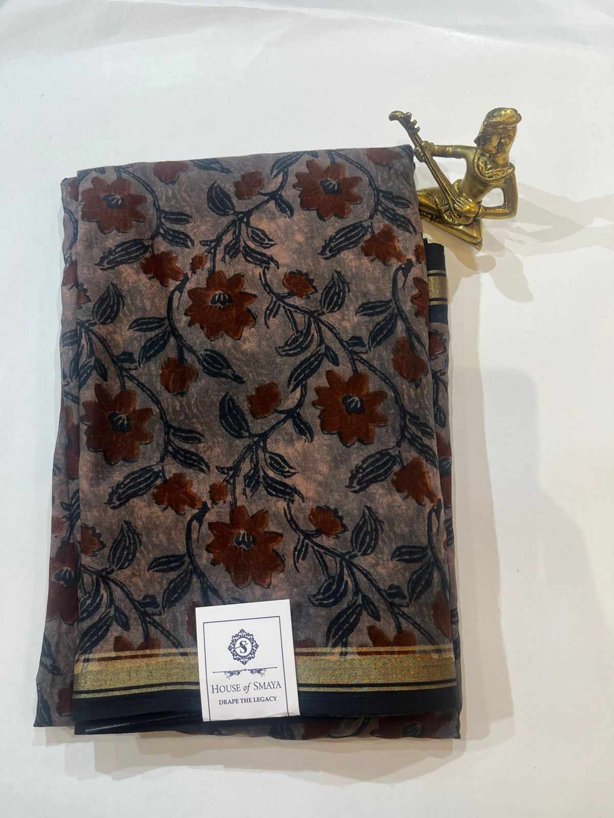 WhatsApp Image 2026-01-31 at 8.37.15 PM Earthy Brown Floral Chanderi Cotton Saree with Gold Border - Image 1