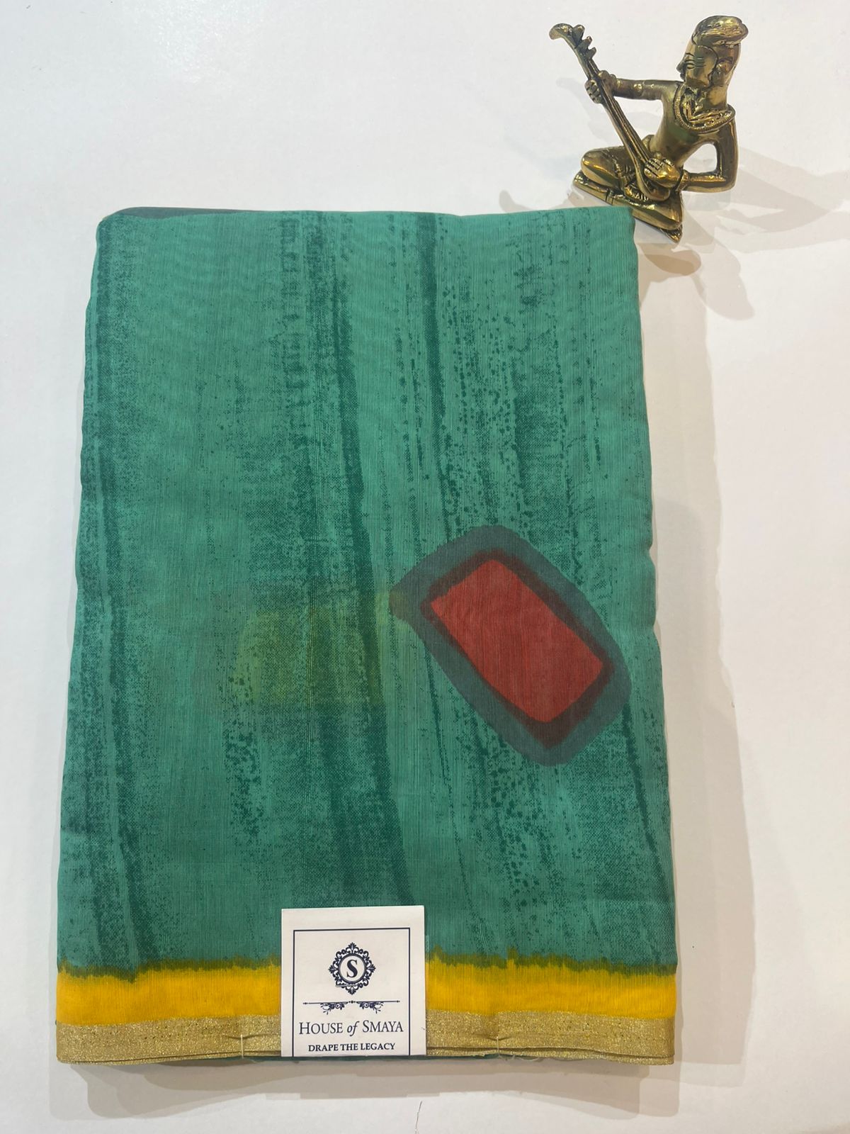 WhatsApp Image 2026-01-31 at 8.37.16 PM Teal Green Abstract Chanderi Cotton Saree with Mustard Gold Border - Image 1