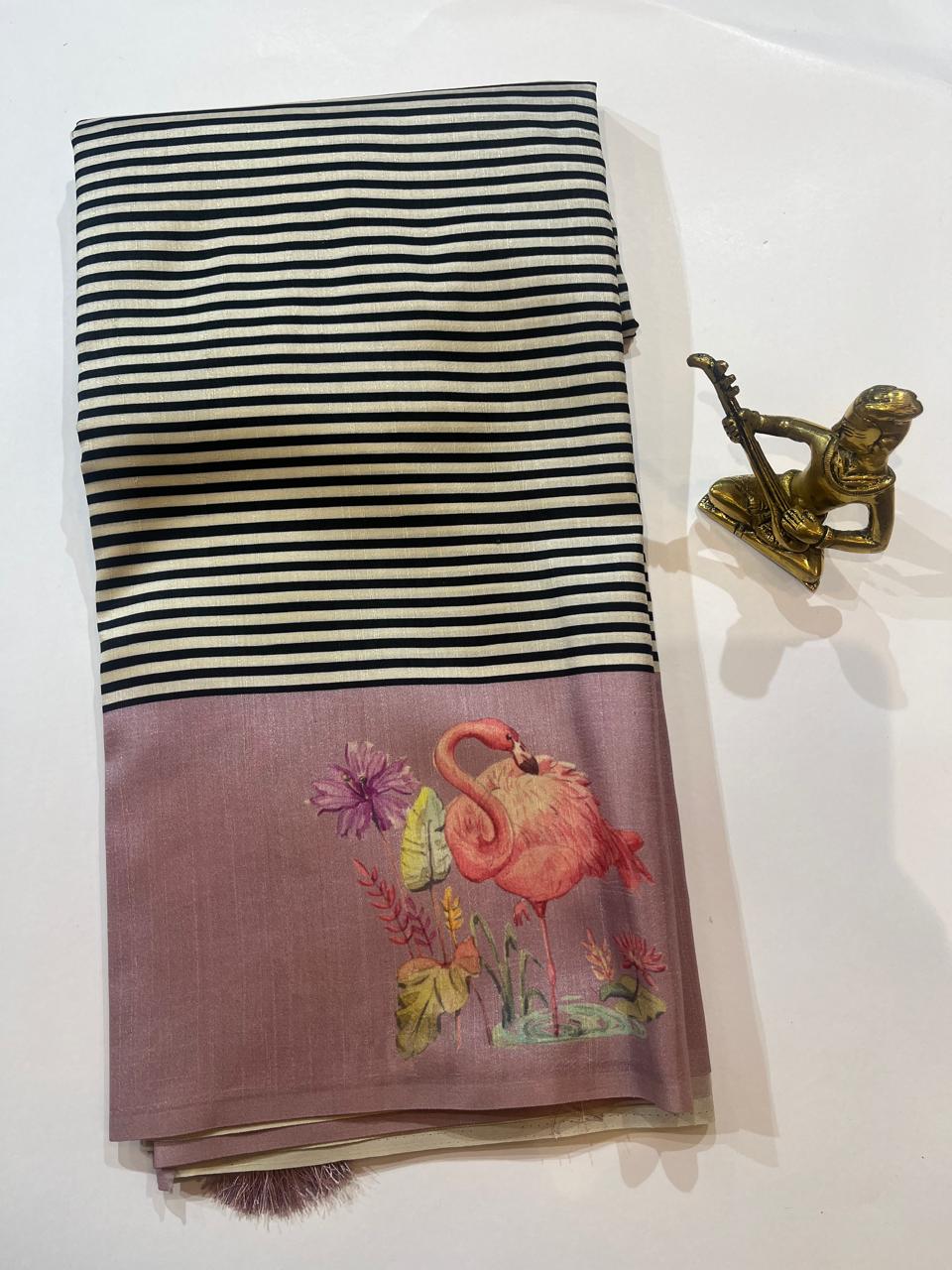 WhatsApp Image 2026-01-31 at 8.39.34 PM Black & Ivory Striped Crepe Georgette Saree with Flamingo Art Pallu - Image 1