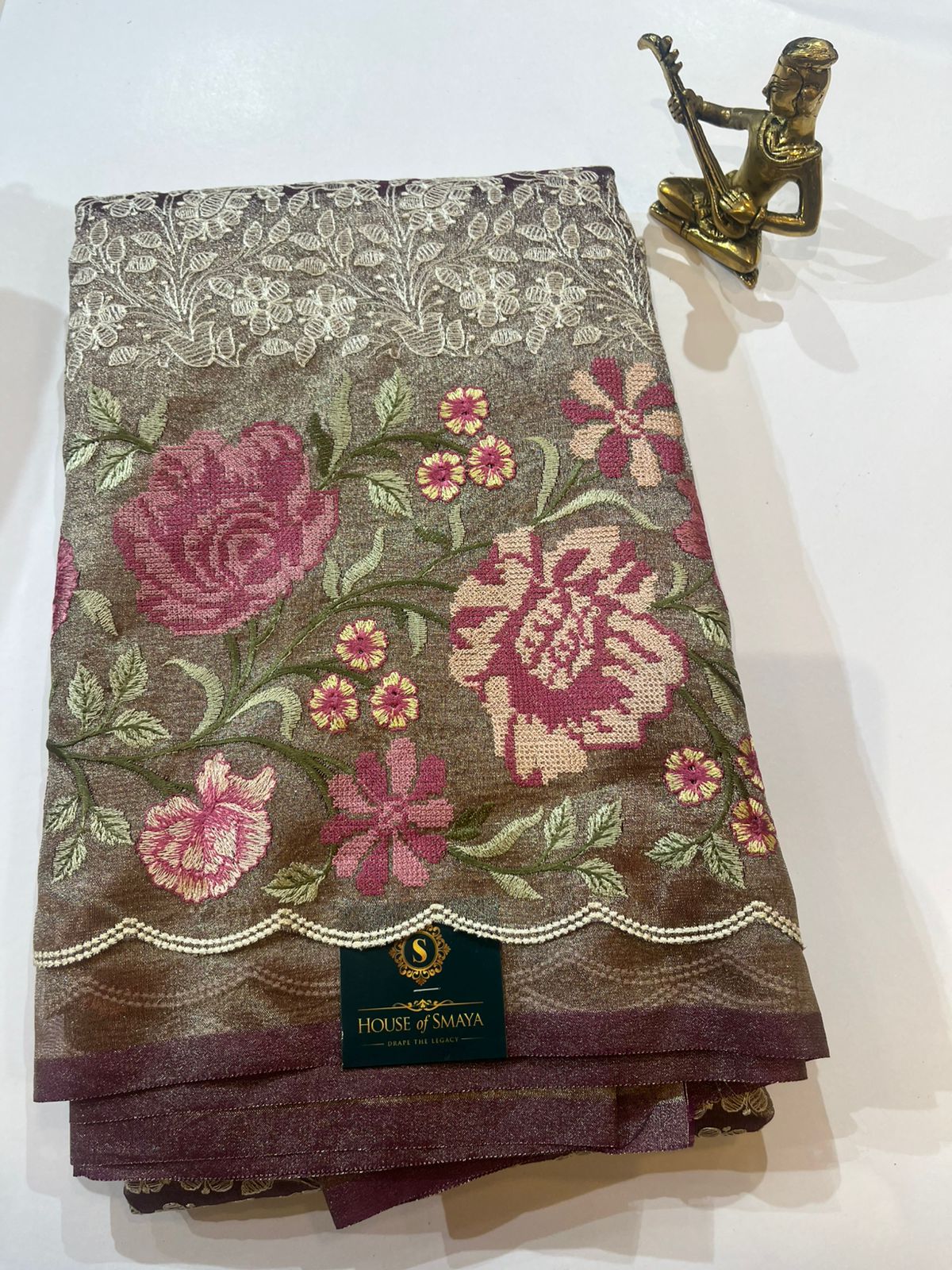 WhatsApp Image 2026-01-31 at 8.53.33 PM Brown Chikankari Saree with Floral Embroidery & Pearl Scalloped Border - Image 1