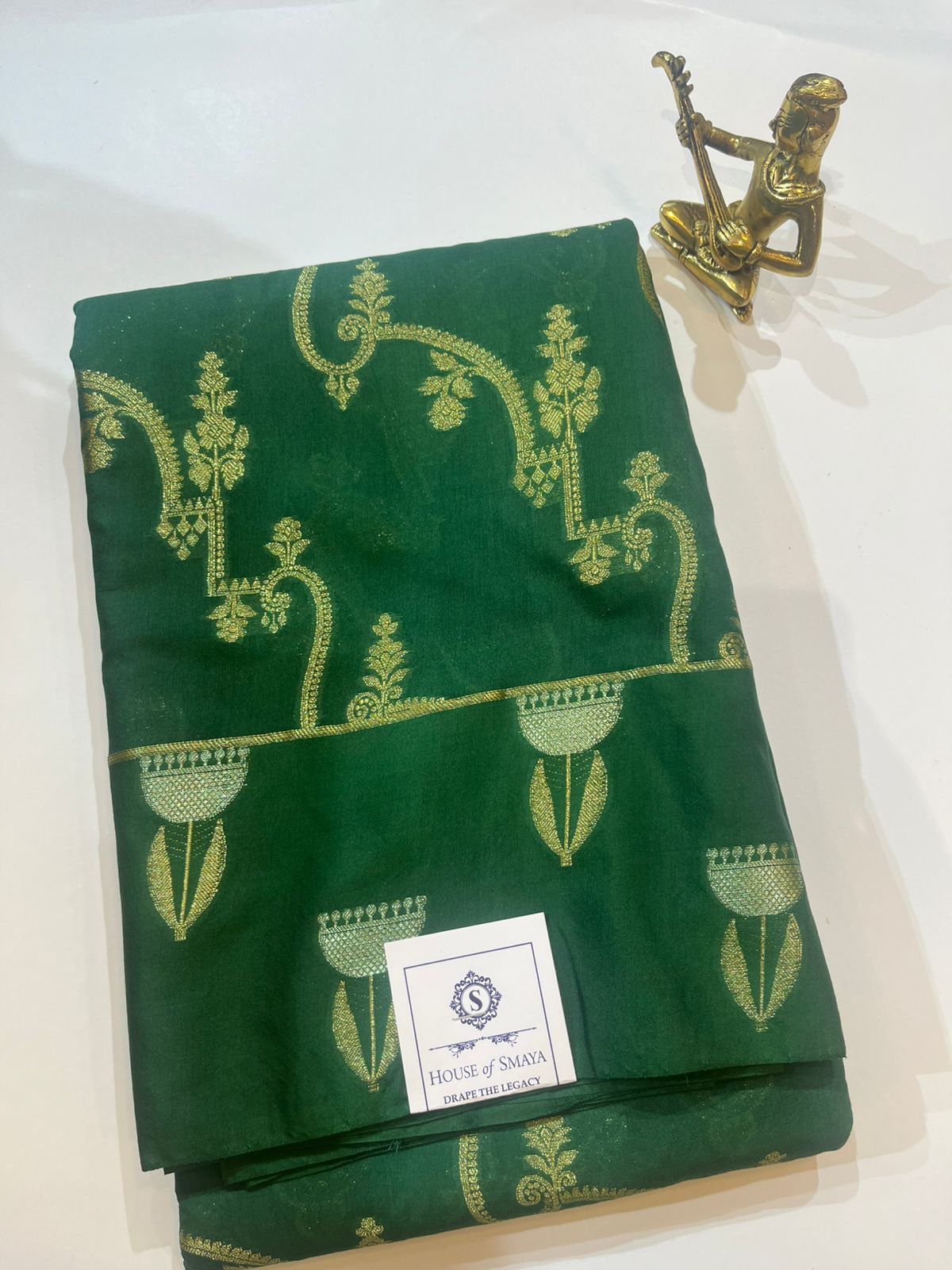 WhatsApp Image 2026-01-31 at 9.09.21 PM Emerald Green Semi Katana Saree with Antique Gold Woven Motifs - Image 1