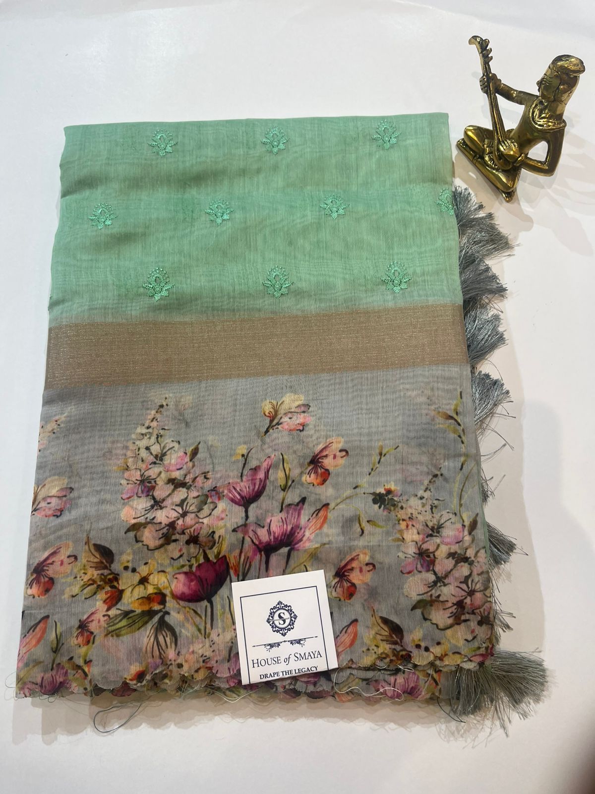 WhatsApp Image 2026-01-31 at 9.13.50 PM Mint Green Floral Printed Chanderi Cotton Saree with Zari Border - Image 1