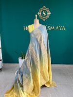 Pastel Blue & Lemon Yellow Dual Tone Soft Silk Saree with Rich Gold Zari Border - Image 2