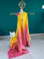 Sunshine Yellow & Pink Dual Tone Soft Silk Saree with Rich Gold Zari Border - Image 3