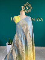 Pastel Blue & Lemon Yellow Dual Tone Soft Silk Saree with Rich Gold Zari Border - Image 3