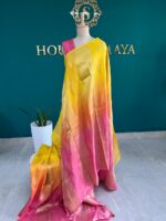 Sunshine Yellow & Pink Dual Tone Soft Silk Saree with Rich Gold Zari Border - Image 2