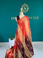 Red to Maroon Dual Tone Soft Silk Saree with Rich Gold Zari Border - Image 2