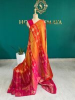Red, Orange & Pink Ombre Soft Silk Saree with Gold Floral Zari Weaving