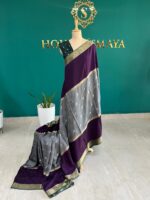 Purple & Grey Crepe Saree with Gold Zari Border and Butta Work