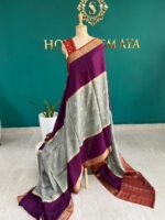 Purple & Silver Grey Crepe Saree with Gold Zari Border and Contrast Pallu