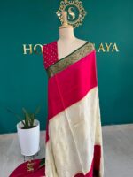 Hot Pink & Ivory Crepe Saree with Gold Zari Border and Butta Work - Image 2