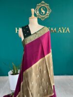 Magenta & Gold Beige Crepe Saree with Zari Border and Butta Work - Image 2