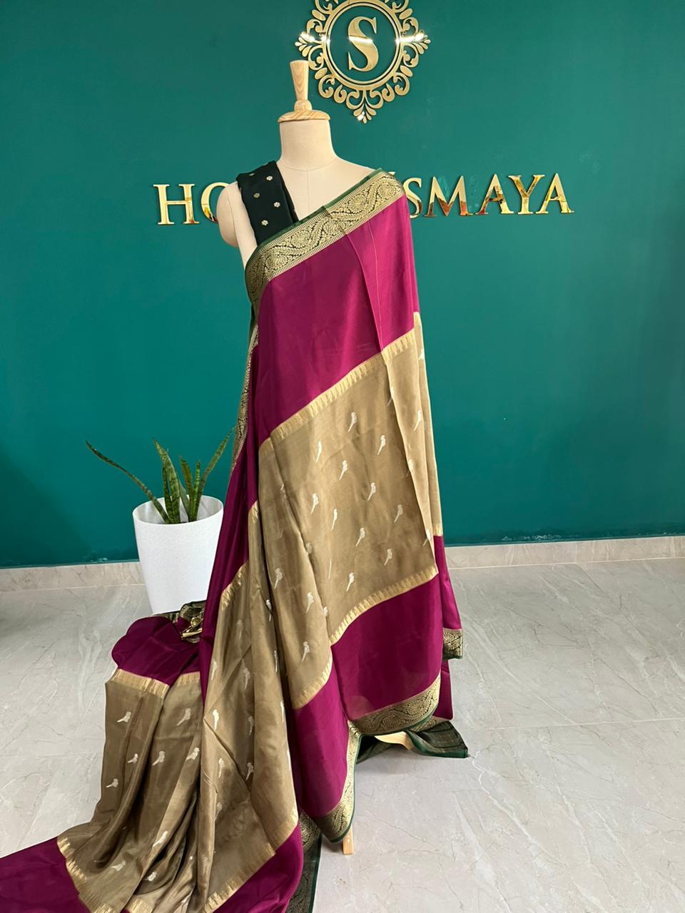 WhatsApp Image 2026-02-19 at 11.35.06 PM(1) Magenta & Gold Beige Crepe Saree with Zari Border and Butta Work - Image 1