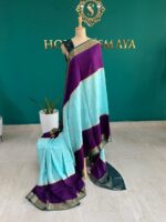 Purple & Aqua Blue Crepe Saree with Gold Zari Border and Butta Work