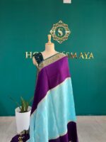 Purple & Aqua Blue Crepe Saree with Gold Zari Border and Butta Work - Image 2