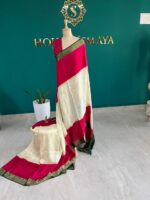 Hot Pink & Ivory Crepe Saree with Gold Zari Border and Butta Work