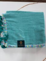 Teal Green Linen Saree with Multicolour Crochet Lace Border & Tassel Pallu | Casual & Festive Wear - Image 2